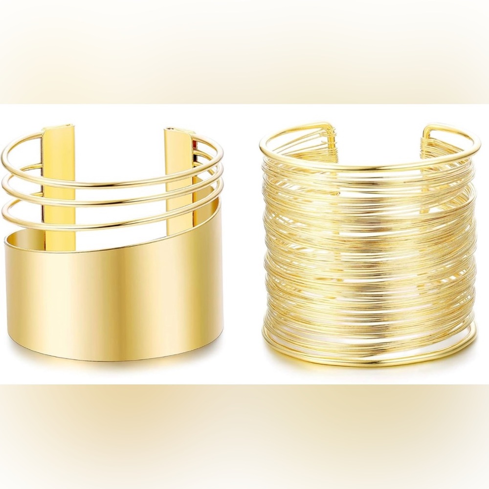 Set of 2 Gold Alloy Cuff Bangle Bracelets, Tarnish Resistant; Adjustable